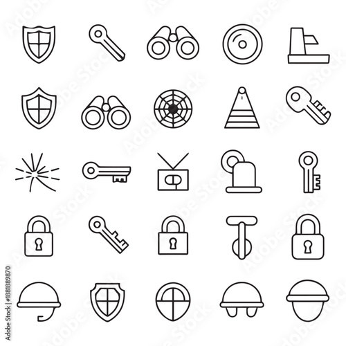 Collection of linear icons depicting security travel and protective equipment