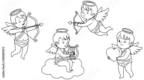Adorable line art cherubs celebrating love and joy with bows arrows lyres and hearts