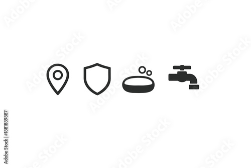 Icons representing location security cleanliness and plumbing services