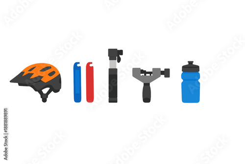 Cycling gear and accessories on a white background for outdoor biking
