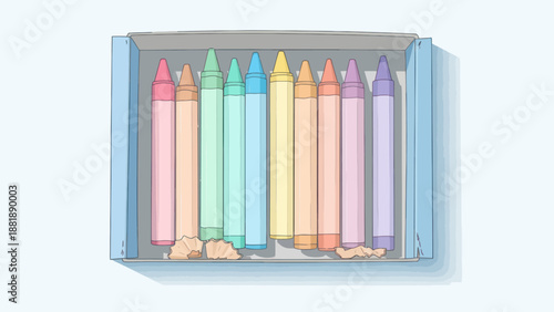 Colorful wax crayons neatly arranged in a box