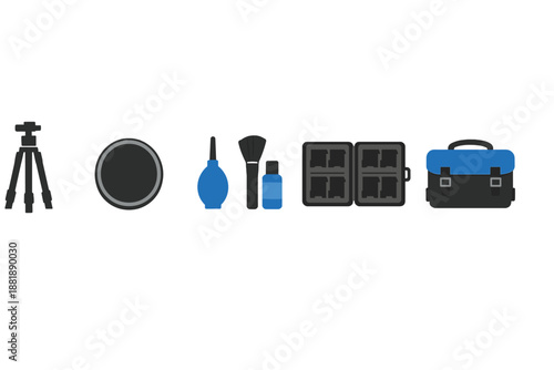 Various tools for photography setup and maintenance on a clean