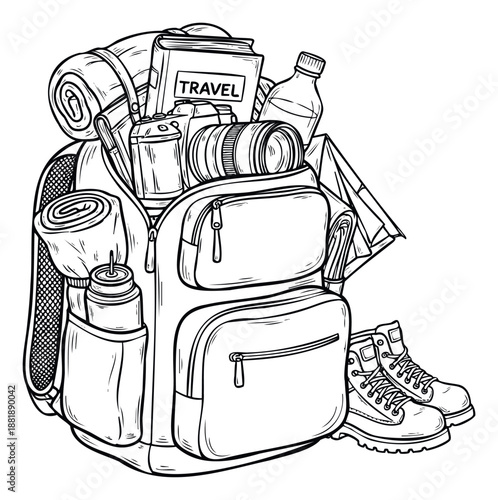 Travel backpack fully packed with essential gear including camera, hiking boots, and camping supplies, perfect for adventure tourism and outdoor lifestyle promotions