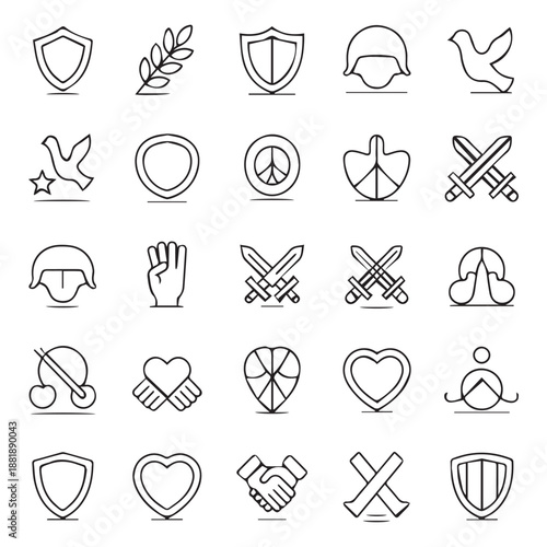 A collection of peace war and unity related line icons in black and white