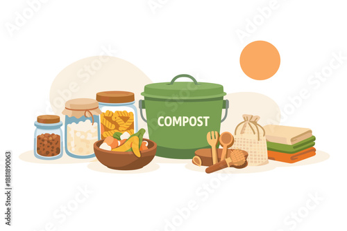 Composting setup with food scraps jars and tools for creating natural