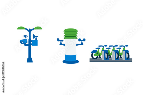 City features including smart street lights bike sharing station and