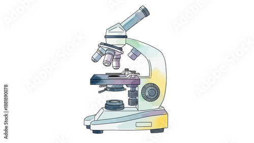 Watercolor illustration of a scientific research microscope
