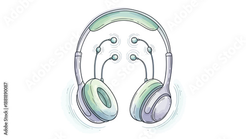 Wireless stereo headphones with over-ear design and sound waves illustration