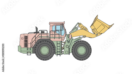 Side view of a heavy construction front loader earth moving machine