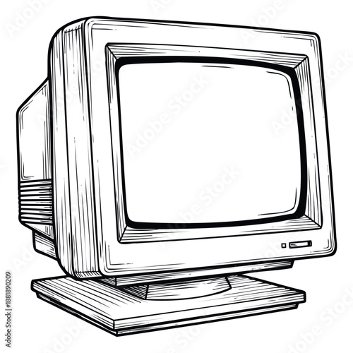 Vintage personal computer monitor black and white line drawing depicting classic retro technology perfect for graphic design projects and nostalgic themes