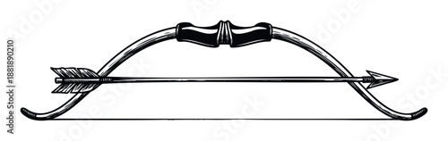 Stylized hand drawn archery bow and arrow with fletching and arrowhead symbolizing precision, skill, and focus for sports, adventure, or historical themed media.