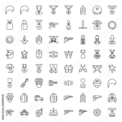 Detailed collection of military icons representing ranks weapons and equipment