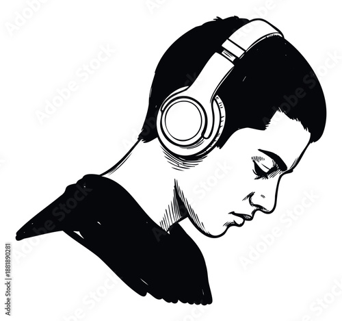 A young man depicted with closed eyes wearing headphones, fully immersed in sound for deep listening and concentration, suitable for promoting audio products or peaceful personal moments.