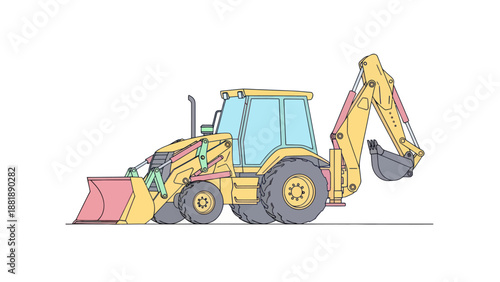 Yellow construction machine excavator loader with front bucket and backhoe arm