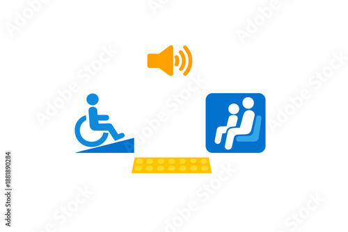 Sign showing wheelchair ramp and seating area with sound symbol in