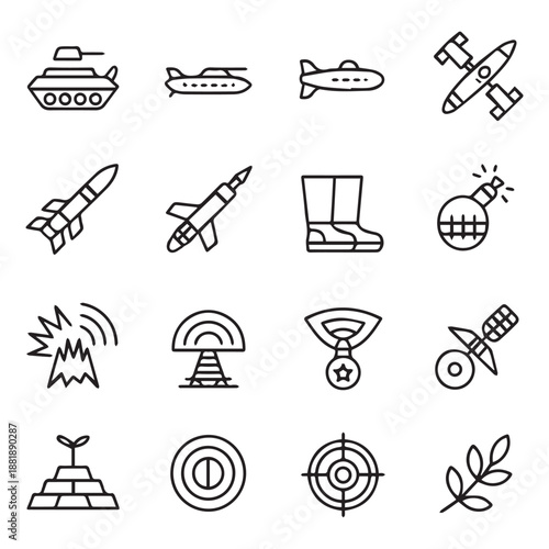Line art icons depicting various military vehicles equipment and targets