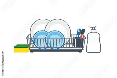 Kitchen sink has clean dishes in a drying rack along with a sponge and