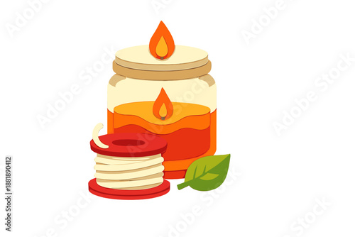 Colorful candle jar with flames and spool of thread on a plain