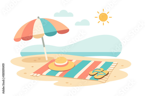 Bright beach scene with a sun umbrella a towel and sandals near the