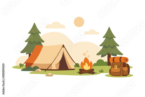 Camp site with tent fire and backpack in forest during daytime with