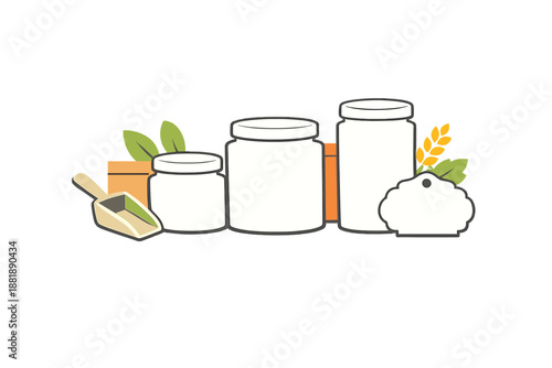 Containers lined up on a table with leaves and a small scoop alongside