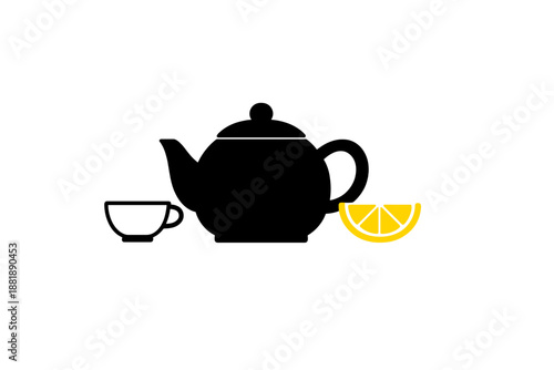 Teapot with cup and lemon slice on white background for tea time at