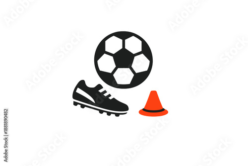 Soccer gear includes ball cleat and traffic cone on a plain background