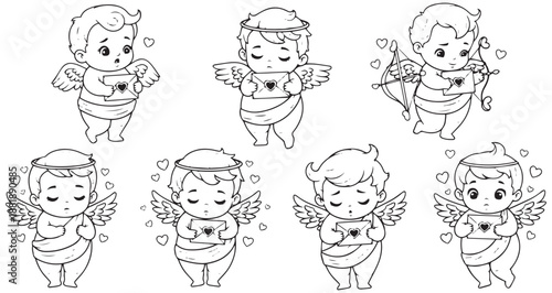Fotografie Adorable collection of seven sweet cupid cherubs with wings and hearts delightfu