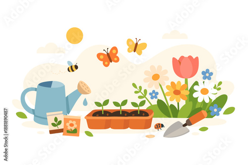 Gardening scene with watering can flowers butterflies and small plants
