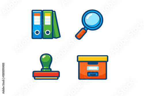 Office supplies including folders a magnifying glass a stamp and a