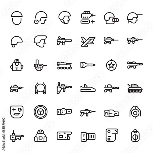 Collection of military and security related line icons in a grid arrangement