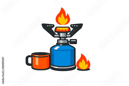 Portable camping stove with fire and cup set up for outdoor cooking