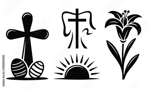 Religious cross and lily flower set bundle easter silhouette symbols