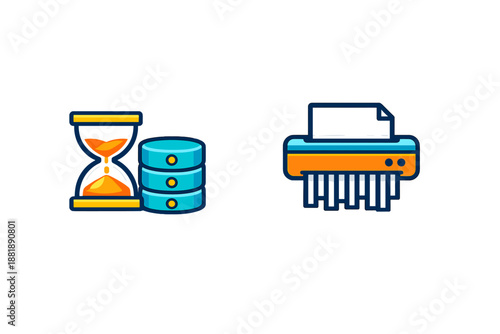 Hourglass and data storage next to a paper shredder illustrate