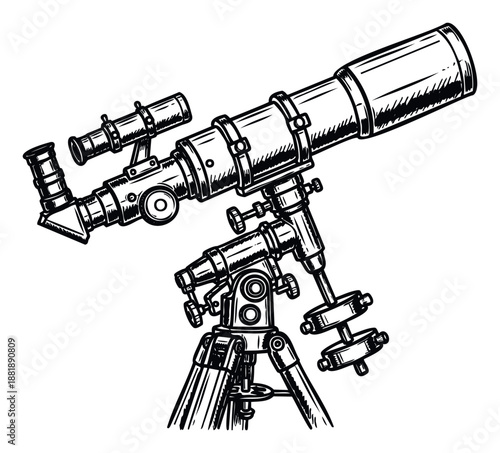 Detailed black and white line drawing of a traditional reflector telescope on a tripod with an equatorial mount, perfect for educational content, scientific publications, and space