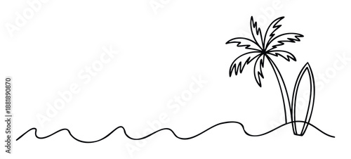 Simple continuous line drawing depicting a serene beach landscape featuring a lone palm tree next to a surfboard on the sandy shore, ideal for holiday travel brochures, summer event