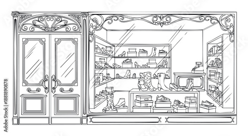 A classic shoe store facade featuring an ornate entrance with double doors and a display window showcasing various footwear, shoe boxes, and a cash register, perfect for retail or