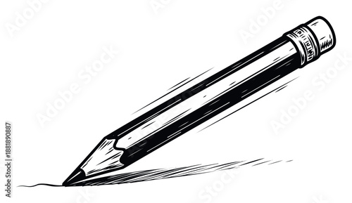 Dynamic monochrome drawing of a sharp graphite pencil actively sketching an expressive flowing line, perfect for educational materials, creative workshops, or stationery product branding.