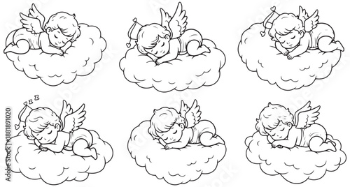Adorable little cherubs with tiny wings peacefully sleeping on soft fluffy clouds