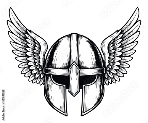 Emblematic ancient warrior helmet with majestic spread wings evoking strength and mythical power perfect for game logos clothing prints or historical themed projects