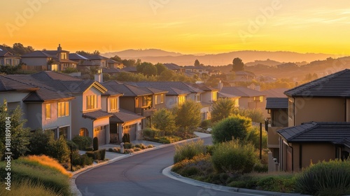 Scenic suburban neighborhood at sunset with elegant homes
