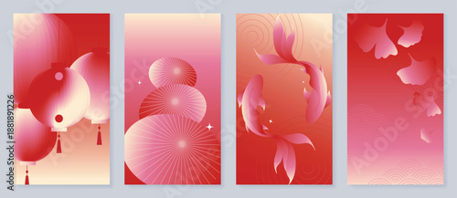 Happy Chinese New Year 2026 vector poster set with koi fish, petals, lanterns and smooth wave shapes on red to pink gradient background. Festive lunar holiday design for greeting cards, banners.