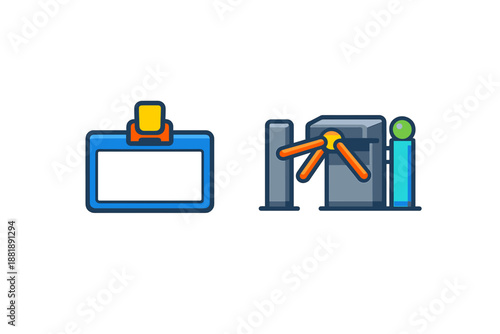 Card holder and turnstile by entrance to a building at a busy location