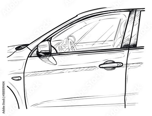 Automotive vehicle side view perspective sketch highlighting modern design elements and sleek lines perfect for transportation industry presentations