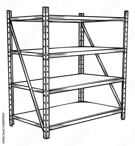 Sturdy industrial metal storage shelving unit with adjustable racks for organizing various items in a warehouse workshop or garage for efficient space management
