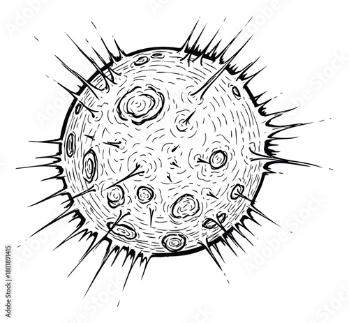 Monochrome ink style line drawing depicting a spiky round shape covered in organic ripples and sharp protrusions, ideal for scientific publications, educational resources, or conceptual