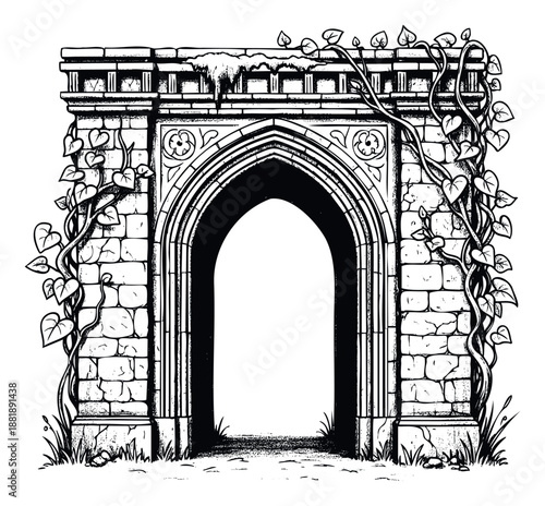 Ancient stone archway overgrown with leafy vines creating a mysterious entrance perfect for historical themed designs mythical scenes and classic storybook visuals