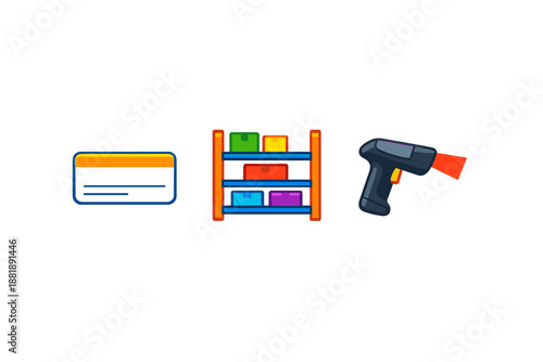 This scene shows a card a shelf with boxes and a scanner in a storage