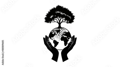 Hands holding the earth with a tree growing on top, symbolizing environmental protection and sustainability.