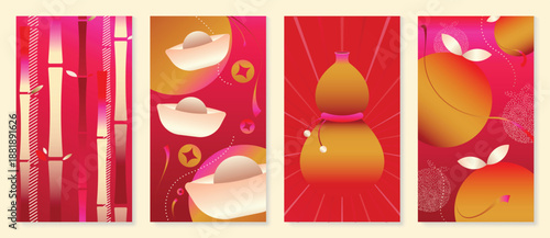 Happy Chinese New Year 2026 vector modern poster set with bamboo line pattern, gourd shape and lucky ingots on red and orange gradient background. Festive lunar holiday design for greeting cards.